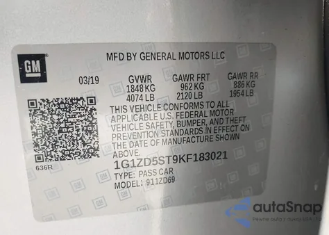 2019 Chevrolet Malibu Lt z USA, uszkodzony, nr VIN 1G1ZD5ST9KF183021